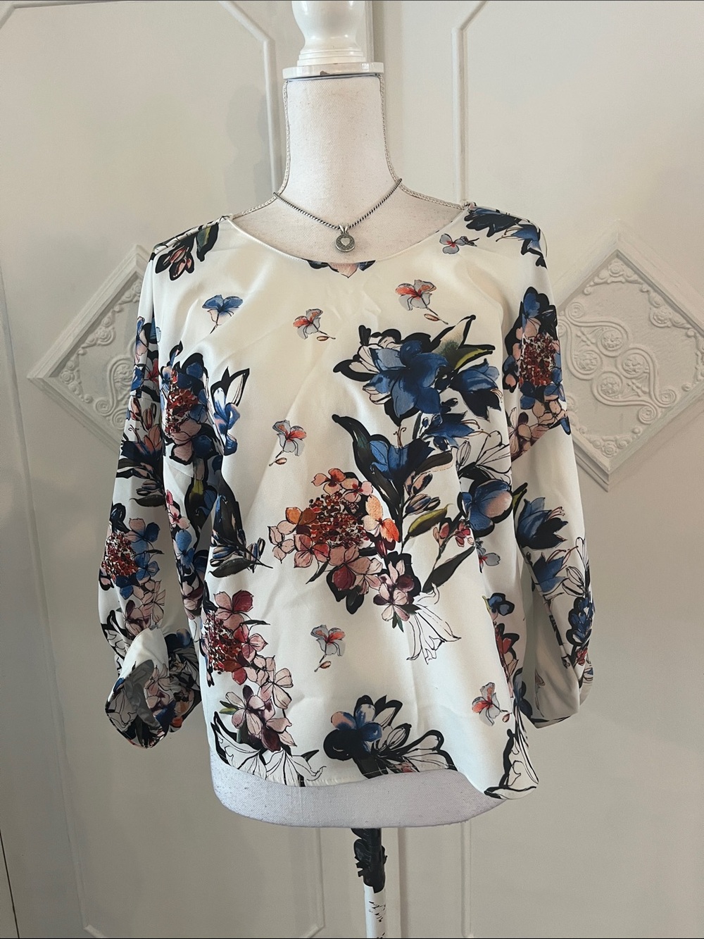 Zara Cream Blouse with Blue & Pink Floral Print